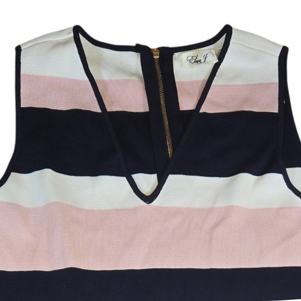 Eliza J Sleeveless‎ Knit Dress Striped Pink White Navy V Neck Casual L